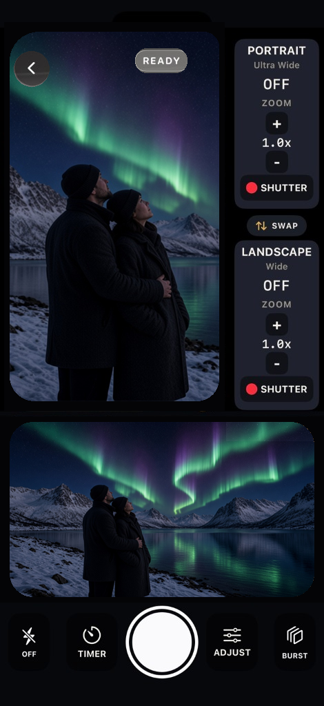 CueDeck multi-format photo. Portrait and landscape stills from the same shooting screen.