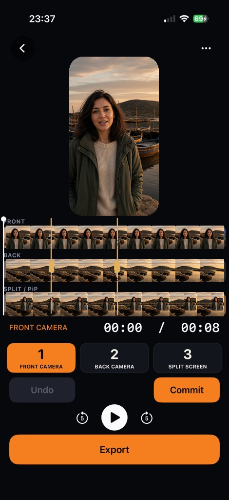 CueDeck Productions. The captured take, with Front, Back and Split on the timeline.